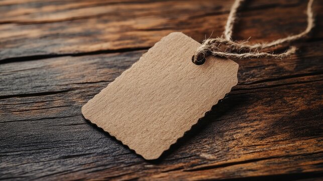 Blank clothing tag on rustic wooden background for brand labeling and product customization. Perfect for fashion and retail presentations.