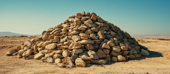 Human-made stone cairn formation in arid landscape under clear blue sky showcasing natural textures and historical significance.
