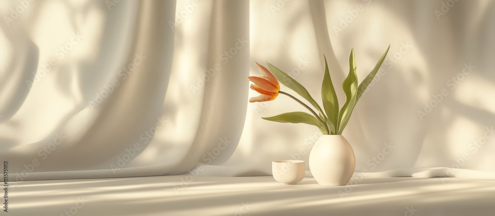 Poster elegant table setting with a tulip in a vase against a soft light background for a festive celebrati
