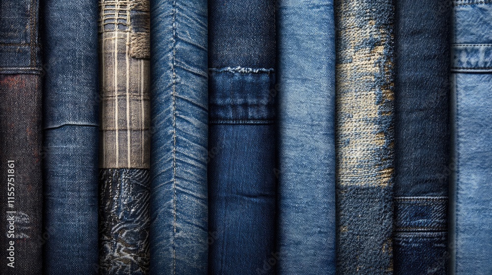 Poster variety of denim textures and patterns in a row showcasing the uniqueness of jeans fabric for backgr