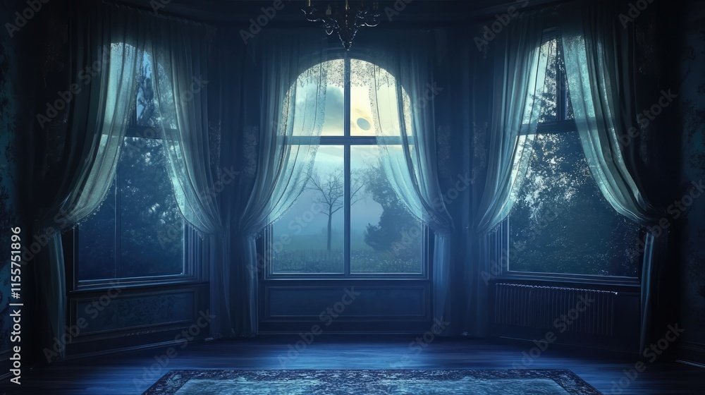 Poster spacious eleganñ‚ room with large window offering a moody view of nature and soft drapes creating a 