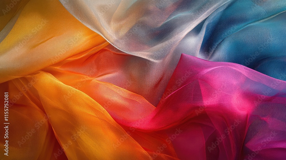 Poster vibrant taffeta silk fabric draping in a colorful artistic layout showcasing rich textures and flowi