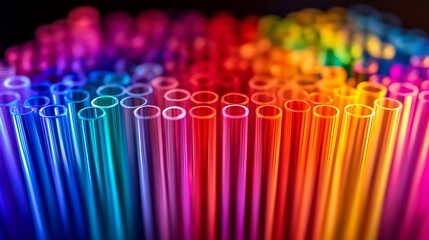 Close-up of colorful plastic straws arranged in a radial pattern with vibrant hues.