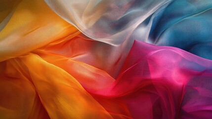 Vibrant taffeta silk fabric draping in a colorful artistic layout showcasing rich textures and flowing movement for design projects