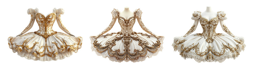 Elegant Dress Collection with Gold and White Accents Isolated