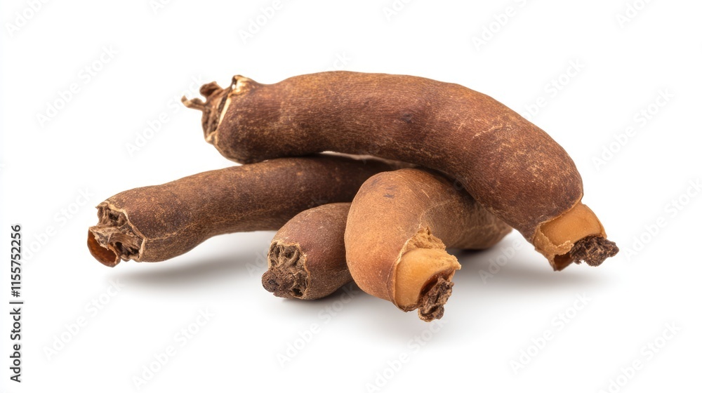 Poster tamarind pods arranged on a white background showcasing their natural texture and color for culinary