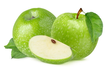 Apples with leaves on isolated white background. Two whole apples and one slice with seeds.