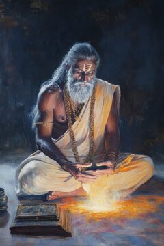 Divine inspiration surrounds Sage Vyasa as he writes the Mahabharata. Generative AI
