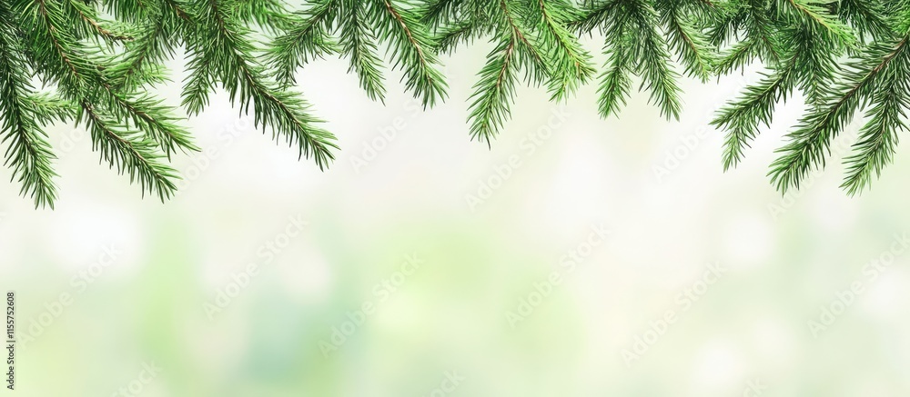 Poster fir branches framing a soft blurred background with ample copy space for text in a serene natural la