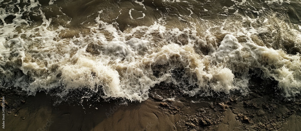 Poster aerial view of ocean waves crashing onto sandy beach creating dynamic textures and patterns on the s