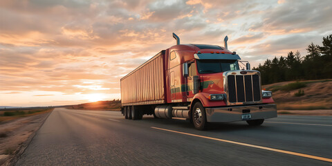 A powerful semi-truck driving on an open highway at sunset, with ample sky space above for text or logos.