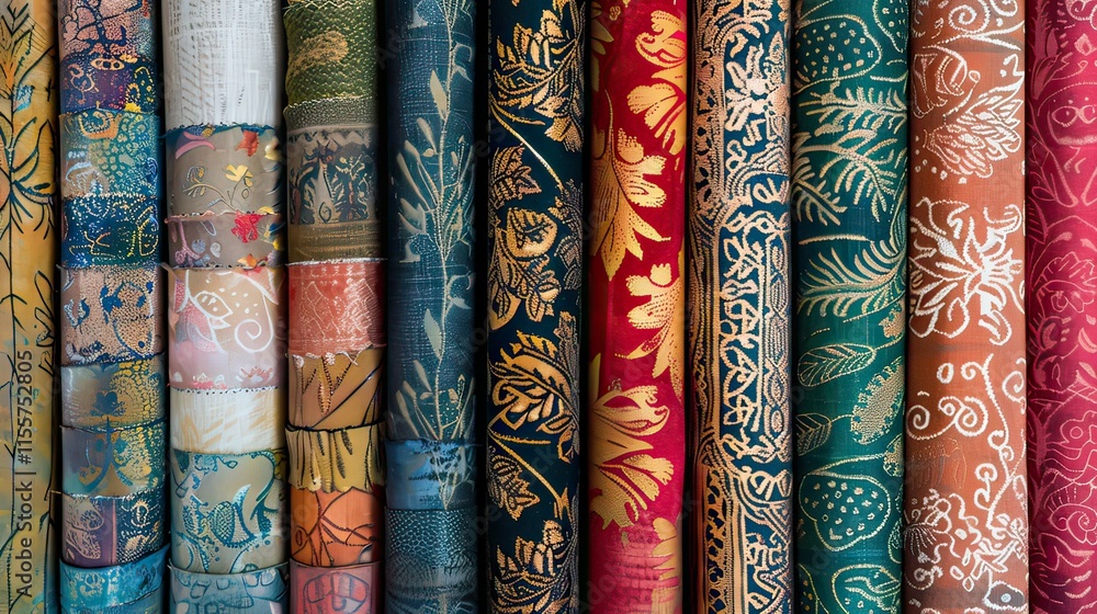 Poster fabric rolls of different colors and patterns displayed in a textile workshop.