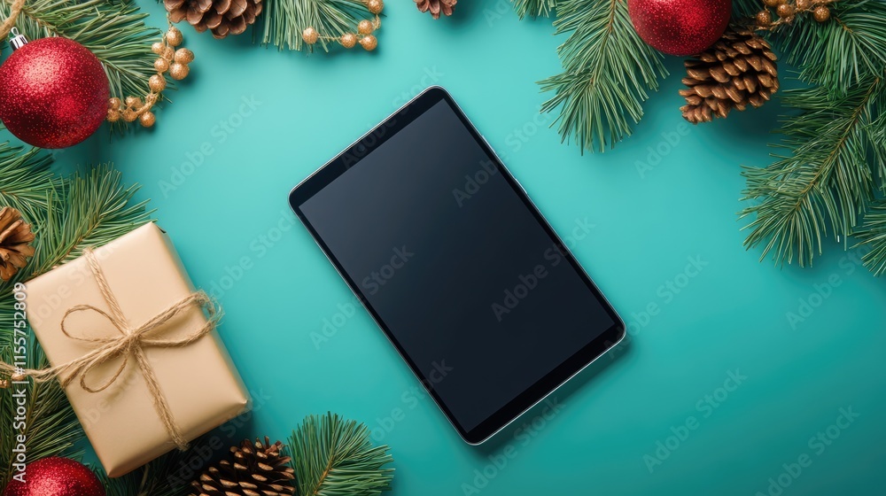 Aufkleber tablet mockup with rustic holiday decorations for app presentation featuring empty space for design 