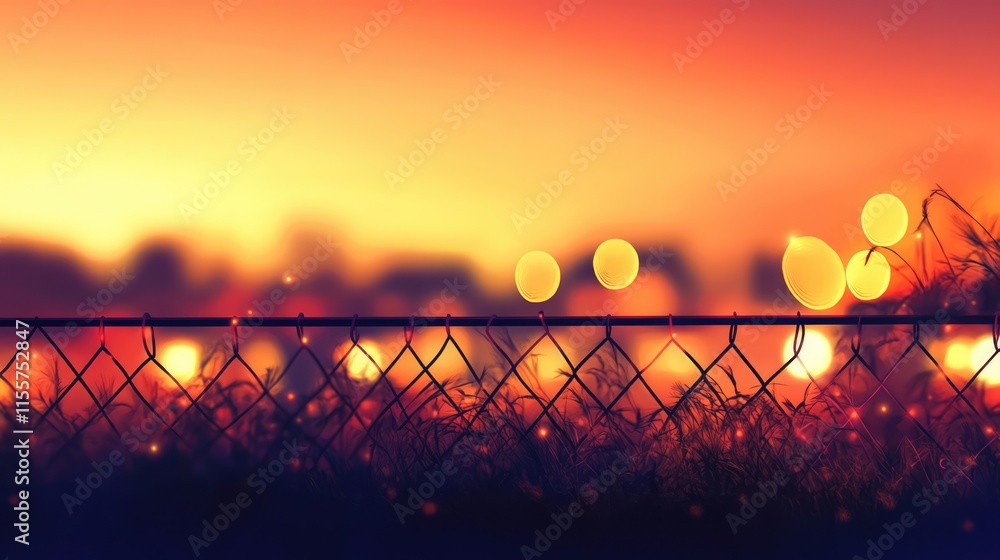 Poster warm sunset bokeh lights behind a fence creating a serene blurred background with glowing orbs and a