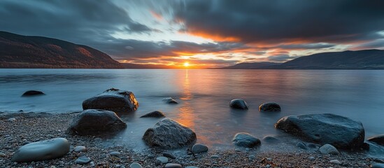 Serene long exposure sunset over rocky beach with tranquil waters and dramatic clouds in the evening sky