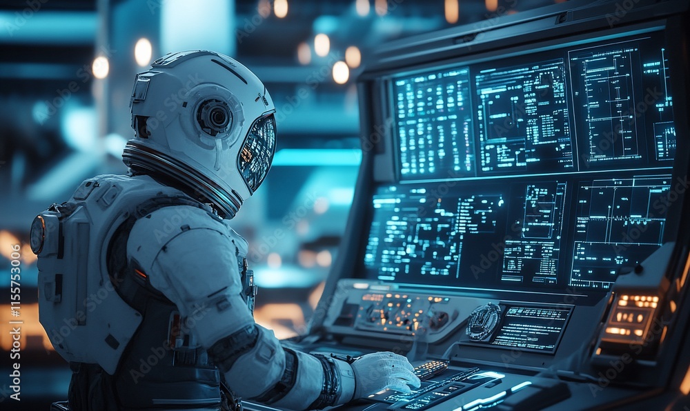 Poster astronaut interacting with advanced technology in a futuristic control room.