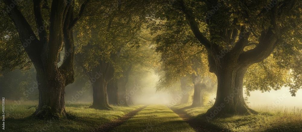 Poster majestic tree-lined pathway with warm sunlight filtering through autumn leaves creating a serene and