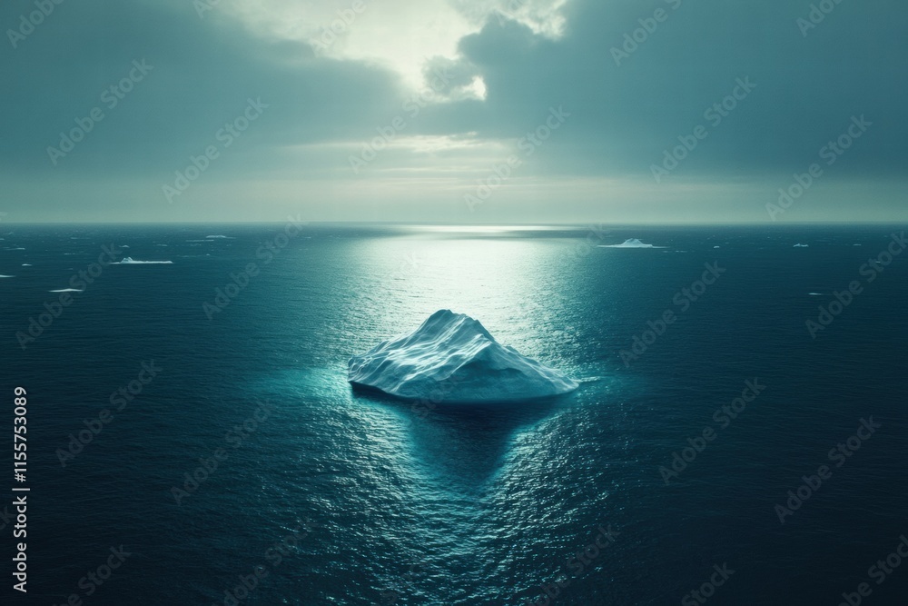 Aufkleber melting iceberg in the vast blue ocean reflects sunlight under an overcast sky. generative ai