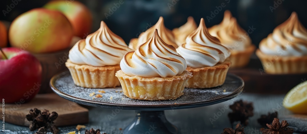Aufkleber aromatic tartlets with apple filling and fluffy lemon meringue displayed on a rustic plate surrounde