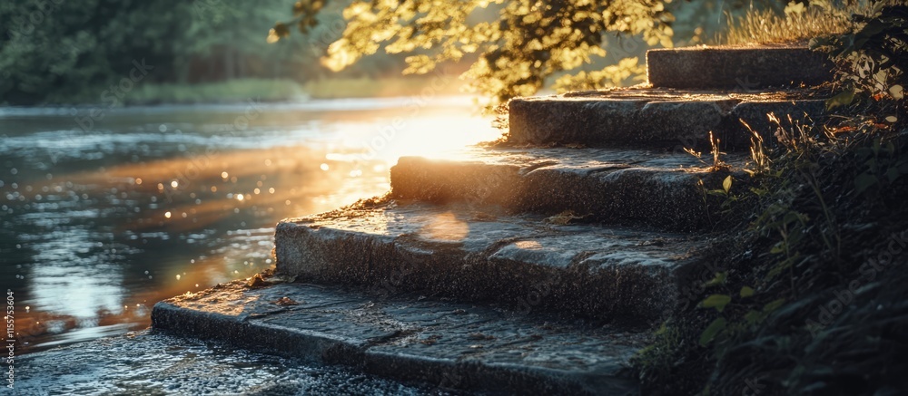 Poster sunlit stone steps along a serene riverbank with gentle sunlight filtering through trees creating a 