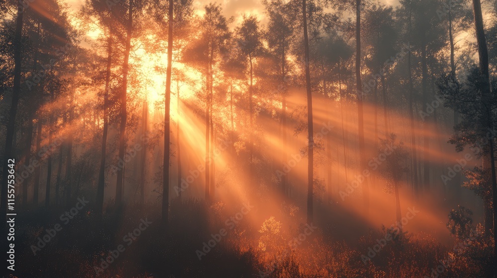 Aufkleber golden hour sunlight filtering through dense forest trees creating dramatic rays of light