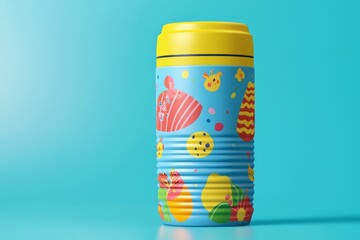 Obraz premium A colorful, decorative thermos features playful designs on a bright blue background, perfect for kids and outdoor adventures.