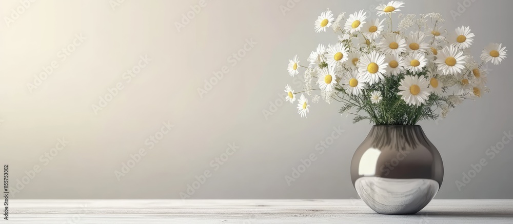 Aufkleber summer chamomile bouquet in a modern vase on a white wood table with soft background and ample copy 