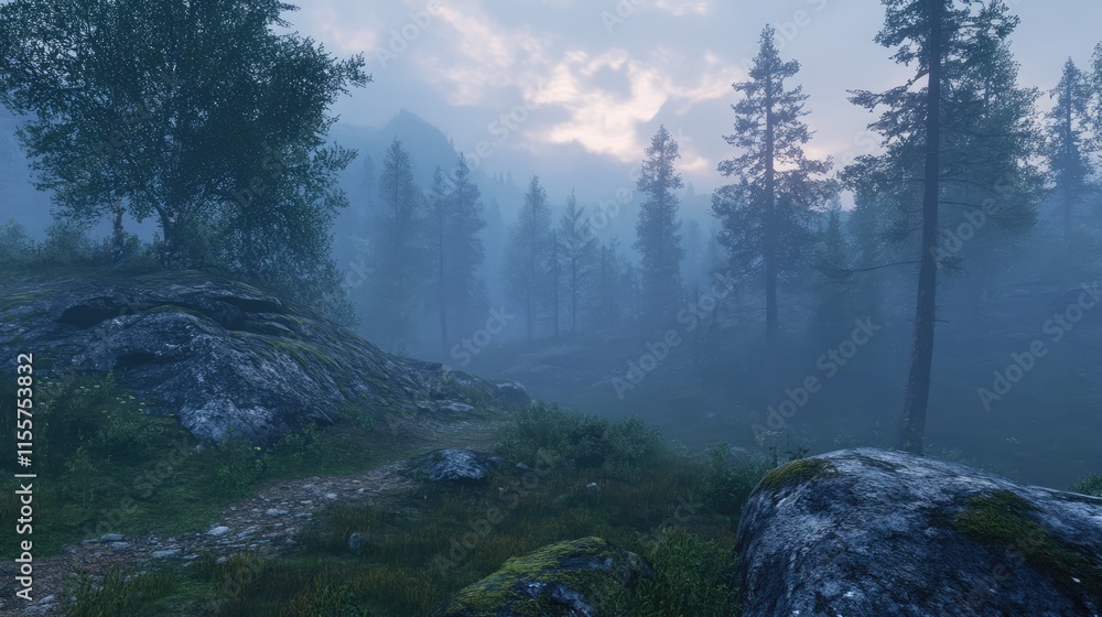 Poster tranquil alpine forest at dawn with misty pine trees and wet stones creating a serene atmosphere aft