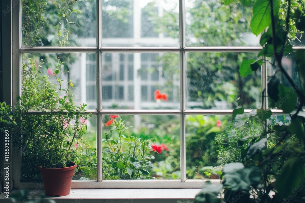 Poster bright garden outside a window framed by green plants and flowers with soft natural light streaming 