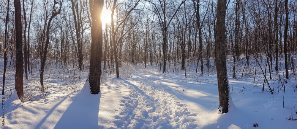 Poster winter landscape with sunlight filtering through snow-covered trees creating a serene snowy path in 