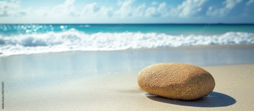Poster stone on a sunny beach with gentle waves in the background highlighting texture and detail in a sere