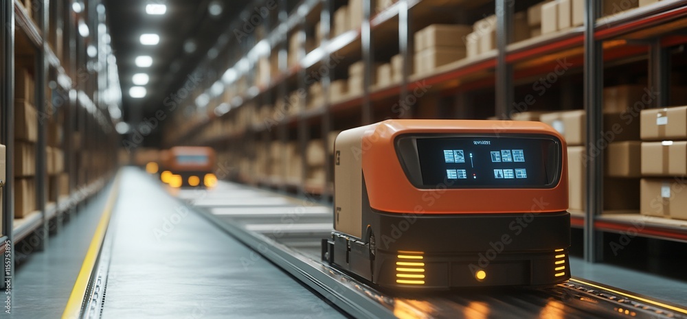 Poster automated robots transporting packages in a warehouse setting.