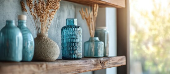 Elegant blue home decor items on a rustic wooden shelf creating a warm and inviting interior atmosphere with natural light.