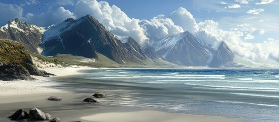 Scenic coastline with pristine white sands and majestic mountains under a dramatic sky showcasing natural beauty and tranquility.