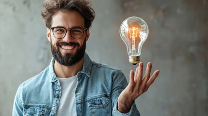 A smiling man with glasses holds a glowing light bulb in his hand, representing creativity and ideas against a neutral background.