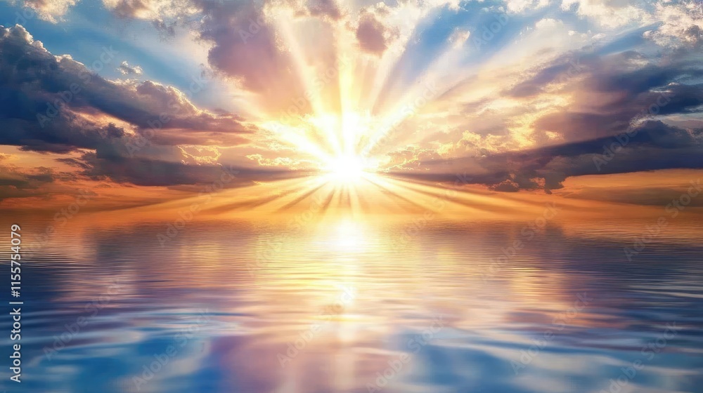 Poster tranquil sunset over calm waters with vibrant rays of sunlight illuminating the sky and reflecting o