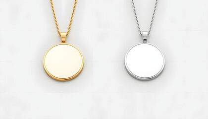 Fototapeta premium Blank white golden and silver pendant round mockup top view isolated, 3d rendering. Empty gold and argent pendent mock up on chain, template. Clear metal label, pixel art. isolated with white shades