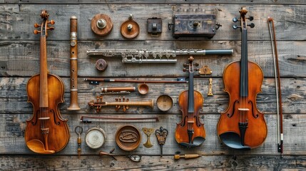 Naklejka premium Orchestral Instruments on Rustic Wooden Background