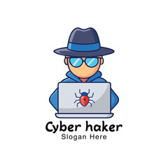 Cartoon Cyber Hacker Logo with Laptop and Bug