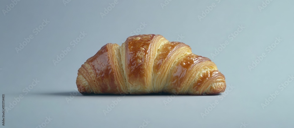 Poster freshly baked golden croissant displayed against a minimalist grey background emphasizing its flaky 