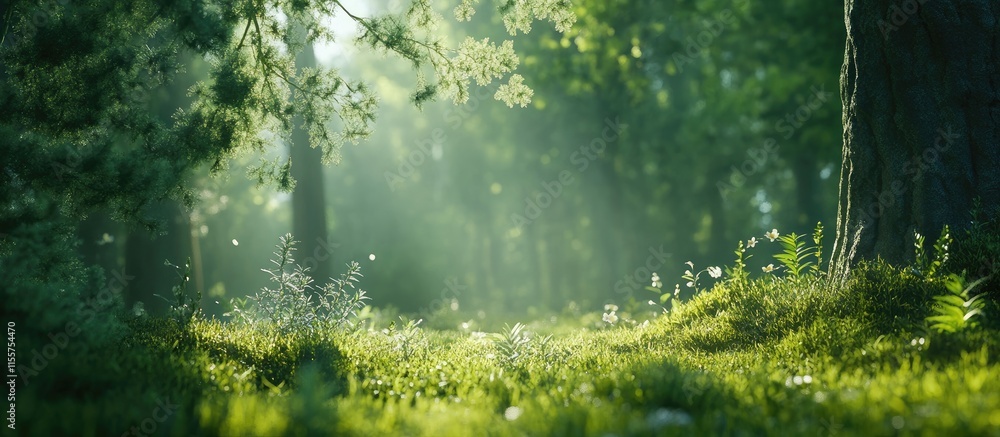 Poster lush green coniferous forest illuminated by sunlight creating a serene summer atmosphere with soft l