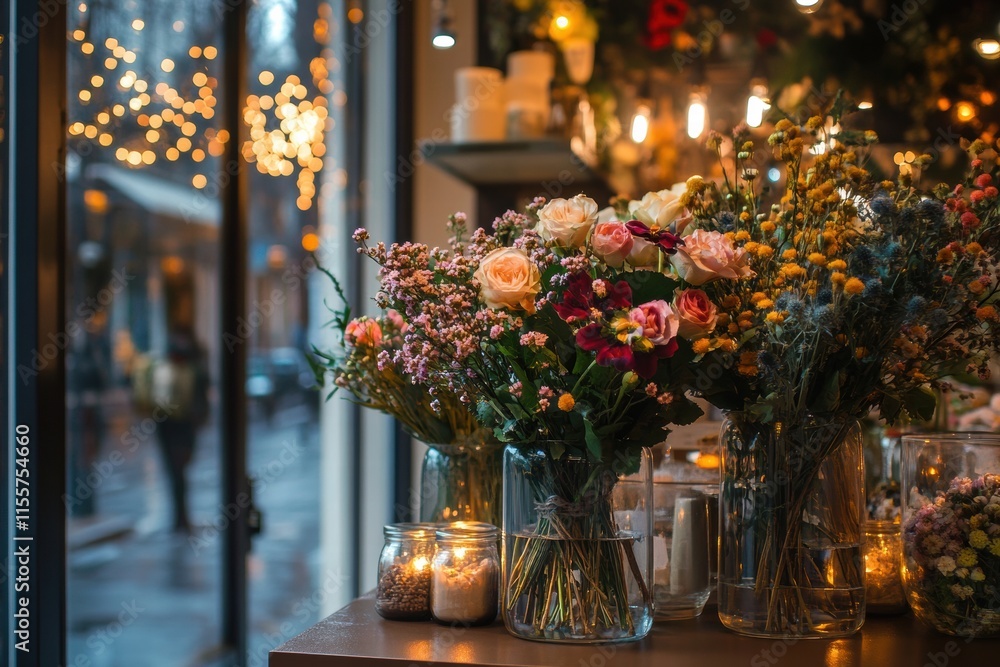 Poster stylish storefront display featuring elegant flower arrangements in glass vases with decorative cand