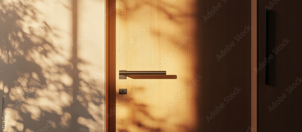 Poster sunlit closed door with sleek handle casting shadows creating a warm and inviting atmosphere in mode