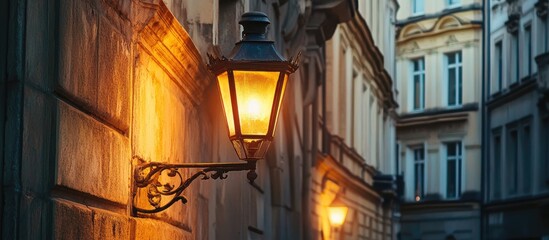 Historic European street lamp illuminating a charming alleyway in a vintage city setting with...