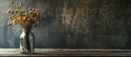 Charming dried flower bouquet in glass bottle on rustic wooden table perfect for decorative displays or advertising settings