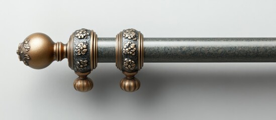 Elegant curtain pole design with decorative finials on a minimalist gray background perfect for modern interior styling and decor enhancement