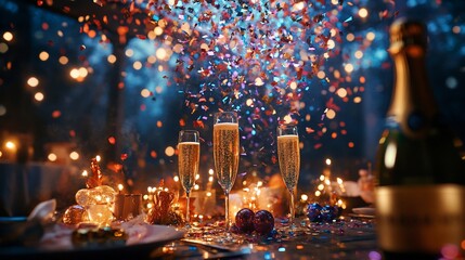 Obraz premium Celebration scene with champagne glasses, confetti, and festive decorations.