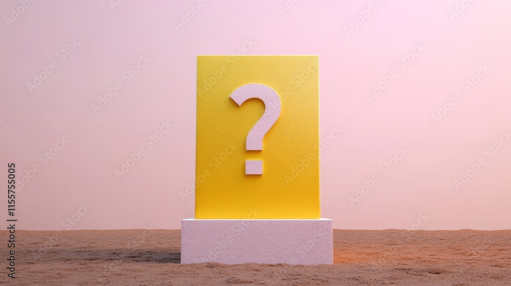 Poster a yellow block with a question mark stands on a pedestal, symbolizing curiosity and mystery in a min