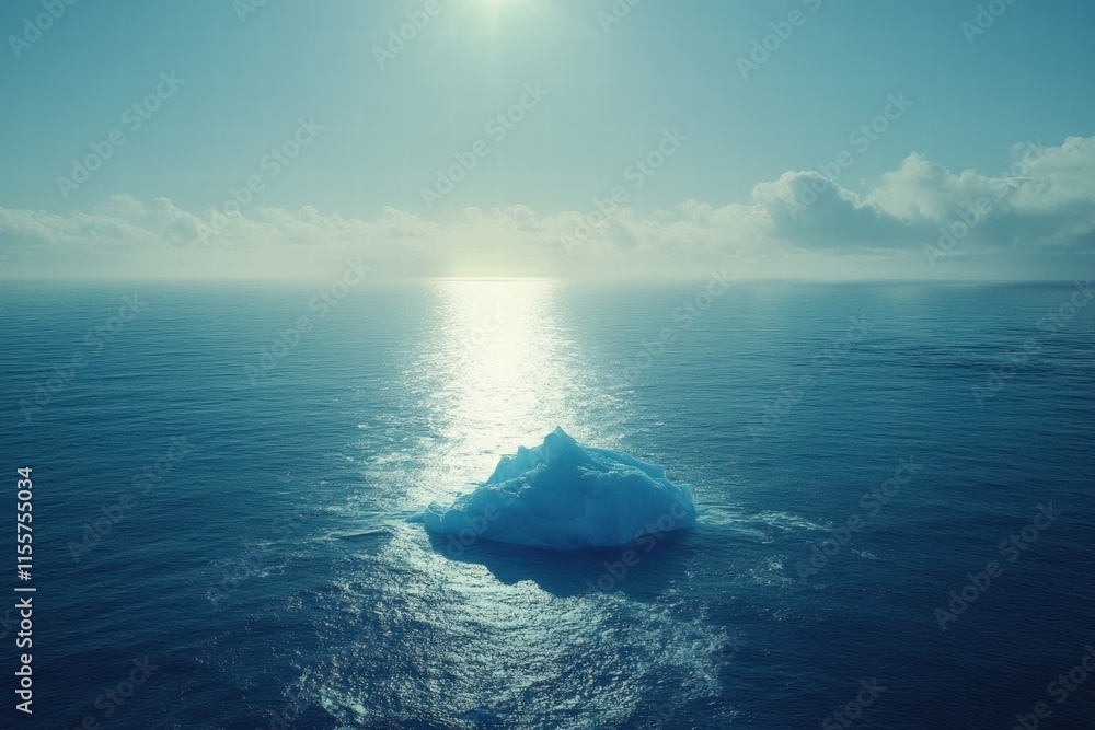 Poster Melting iceberg floats in a vast blue ocean under a serene sky at sunset. Generative AI