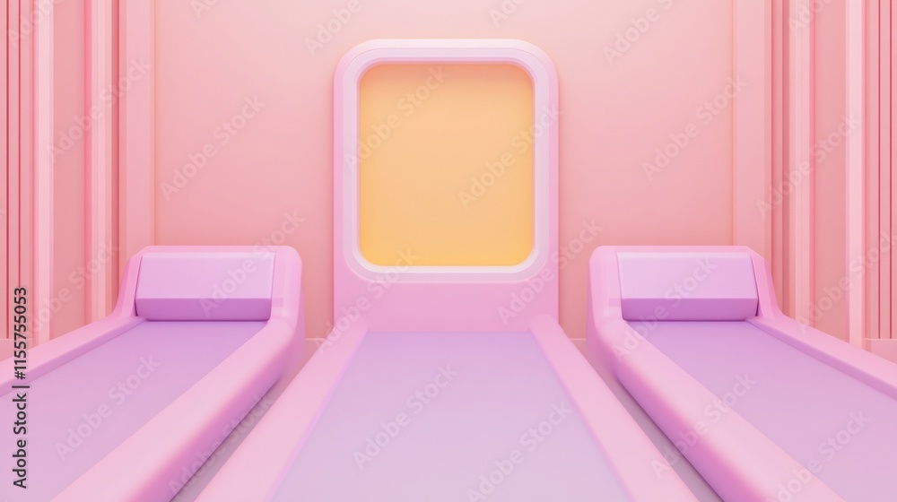 Poster a minimalistic pink interior featuring two smooth surfaces and a central frame with a soft yellow ba